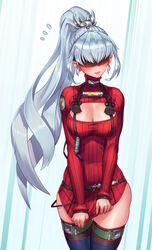  blue_thighhighs blush breasts check_copyright cleavage cleavage_cutout clothes_pull clothing_cutout commentary commission copyright_request doha_skylightscent female frown grey_hair hair_ornament highres korean_commentary long_hair original photoshop_(medium) ponytail pulling_own_clothes red_blindfold red_skirt red_sweater sidelocks skirt solo striped_background striped_clothes striped_sweater sweater sweater_pull thigh_strap thighhighs turtleneck turtleneck_sweater very_long_hair white_background 