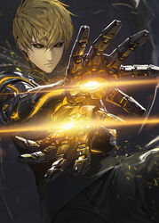  1boy black_pants black_sclera blonde_hair colored_sclera commentary_request cyborg genos glowing grey_tank_top highres looking_at_viewer male_focus modare one-punch_man outstretched_arms pants photoshop_(medium) short_hair solo tank_top yellow_eyes 