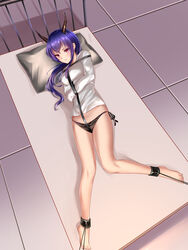  absurdres ankle_cuffs arknights bad_id bad_pixiv_id barefoot bed bondage ch&#039;en_(arknights) commentary_request crotch_strap female full_body highres horns long_hair looking_at_viewer lying panties pillow purple_hair red_eyes restrained side-tie_panties solo straitjacket underwear zhadanzhawugui 