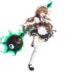  alternate_costume apron arm_behind_back black_dress black_footwear blush breasts brown_hair chinese_commentary commentary_request copyright_request dress enmaided female frills full_body gloves hair_between_eyes hair_ornament hair_ribbon highres holding holding_weapon ling_huanxiang long_hair looking_at_viewer mace maid maid_apron maid_headdress medium_breasts pink_ribbon puffy_short_sleeves puffy_sleeves ribbon shoes short_sleeves simple_background smile solo teeth thighhighs upper_teeth_only waist_apron weapon white_apron white_background white_gloves white_thighhighs yellow_eyes 