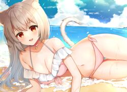  :d animal_ear_fluff animal_ears bare_shoulders beach bell bikini blue_sky blush breasts brown_eyes brown_hair cat_ears cat_girl cat_tail choker cleavage cloud cloudy_sky commentary_request day female front-tie_bikini_top front-tie_top hair_between_eyes horizon jingle_bell katsushika_pachi large_breasts long_hair lying navel neck_bell ocean on_side open_mouth original outdoors pink_bikini pink_choker sand side-tie_bikini_bottom sky smile solo swimsuit tail teeth thigh_gap upper_teeth_only water wet 