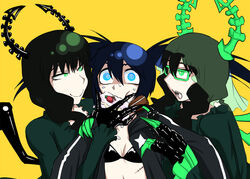  3girls black_rock_shooter black_rock_shooter_(character) cake cake_slice dead_master dos_(james30226) dress dual_persona food girl_sandwich glasses green_dress green_horns horns jealous multiple_girls sandwiched yellow_background yuri 