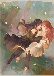  2girls bare_shoulders black_dress black_hair black_legwear blue_eyes boots clothing_cutout dress dutch_angle final_fantasy final_fantasy_xiv gaia_(ff14) hyur long_hair long_sleeves looking_at_viewer multiple_girls orange_hair red_lips ryne_waters shoulder_cutout thighhighs white_dress zxin 