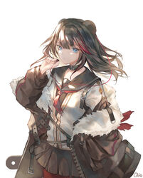  animal_ears arknights artist_name bad_id bad_pixiv_id bear_ears black_choker black_hair black_jacket black_sailor_collar black_skirt blue_eyes cardigan choker commentary cowboy_shot earbuds earphones female fur-trimmed_jacket fur_trim hair_between_eyes hand_up holding jacket long_hair long_sleeves looking_at_viewer miniskirt multicolored_hair neckerchief pleated_skirt qie red_hair red_neckerchief sailor_collar signature simple_background skirt solo standing streaked_hair white_background white_cardigan zima_(arknights) 