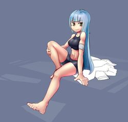  &gt;:) bandaged_arm bandages barefoot bike_shorts black_shorts black_tank_top blue_hair blunt_bangs commentary copyright_request feet female full_body highres k.blank knee_up legs linea_alba long_hair looking_at_viewer navel shorts sitting solo swimsuit tank_top thighs tight_clothes v-shaped_eyebrows 