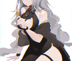  alternate_costume arknights arm_support ascot bare_shoulders between_breasts black_ascot black_dress breasts brooch bunnyking618 champagne_flute cleavage close-up closed_mouth commentary_request cowboy_shot cup dress drinking_glass facing_viewer female grey_hair head_out_of_frame highres holding holding_cup jewelry large_breasts long_hair nail_polish shawl simple_background skadi_(arknights) sleeveless sleeveless_dress solo strap_slip thigh_strap very_long_hair white_background 