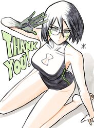  animification apoloniodraws ben_10 black_eyes black_hair black_hands black_one-piece_swimsuit colored_extremities female genderswap_(mtf) glasses green_pupils highres looking_at_viewer omnitrix one-piece_swimsuit rule_63 short_hair swimsuit thank_you upgrade_(ben_10) 