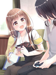  1boy blush brown_hair controller female happy highres iino_miko ishigami_yuu joystick kaguya-sama_wa_kokurasetai_~tensai-tachi_no_renai_zunousen~ looking_at_another open_mouth photoshop_(medium) playing_games school_uniform shuuchiin_academy_school_uniform sitting smile wari_(nirodo26) 