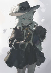  absurdres animal_ears arknights black_coat black_dress black_gloves black_hat blue_eyes chinese_commentary coat commentary_request cowboy_shot dress english_commentary female gloves grey_background hat highres holding holding_pocket_watch lappland_(arknights) lappland_(refined_horrormare)_(arknights) long_hair mixed-language_commentary official_alternate_costume open_mouth pocket_watch scar scar_across_eye scar_on_cheek scar_on_face smile solo watch white_hair wolf_ears zygocactus 