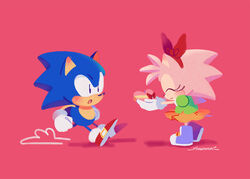  2020 amy_rose anthro black_eyes blue_body blue_fur blush bottomwear box_of_chocolates candy chocolate classic_amy_rose classic_sonic classic_sonic_(universe) closed_eyes clothed clothing dessert duo eulipotyphlan female food footwear fur gloves green_clothing green_shirt green_topwear handwear hedgehog holding_food holding_object holidays male mammal open_mouth orange_bottomwear orange_clothing orange_skirt pink_background pink_body pink_fur purple_clothing purple_footwear purple_shoes sega shirt shoes simple_background skirt smallpanda smile sonic_the_hedgehog sonic_the_hedgehog_(series) standing tail_under_skirt topwear valentine&#039;s_day 