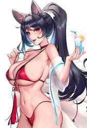  ahri_(league_of_legends) animal_ears bikini black_hair blue_eyes breasts choker cian_yo cup drinking_glass facial_mark female food fox_ears fox_girl fox_tail fruit highres large_breasts league_of_legends lemon lemon_slice lipstick makeup multiple_tails ponytail red_bikini red_choker shiny_swimsuit skindentation swimsuit tail thick_thighs thighs whisker_markings white_background 