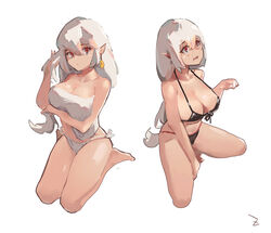  2girls bare_arms bare_legs bikini black_bikini breasts chinese_commentary cleavage collarbone commentary crossed_arms earrings highres jewelry large_breasts long_hair multiple_girls open_mouth original pointy_ears red_eyes seiza shirt simple_background sitting swimsuit white_background white_bikini white_hair white_shirt zygocactus 