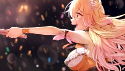  armpits blonde_hair blurry breasts choker concert depth_of_field double_bun female flower frilled_shirt frills from_side green_eyes hair_bun hair_flower hair_ornament highres hololive large_breasts long_hair momosuzu_nene momosuzu_nene_(1st_costume) nira_(vira) open_mouth orange_shirt outstretched_arm shirt smile solo sweat two_side_up virtual_youtuber 