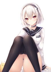  absurdres alternate_costume azur_lane black_legwear black_sailor_collar black_serafuku blush breasts female grey_hair hair_between_eyes highres kiri_celea large_breasts long_sleeves looking_at_viewer manjuu_(azur_lane) neckerchief panties pantyshot red_eyes sailor_collar school_uniform serafuku shirt short_hair simple_background sirius_(azur_lane) sitting thighhighs underwear uniform white_background white_hair white_panties white_shirt 