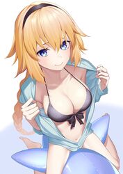  bad_id bad_twitter_id bare_shoulders bikini black_bikini black_hairband blue_eyes blue_jacket blush braid breasts cleavage closed_mouth collarbone commentary_request fate/grand_order fate_(series) female front-tie_bikini_top front-tie_top hairband highres hood hooded_jacket inflatable_dolphin inflatable_toy jacket jeanne_d&#039;arc_(fate) jeanne_d&#039;arc_(swimsuit_archer)_(fate) jeanne_d&#039;arc_(swimsuit_archer)_(first_ascension)_(fate) kuen_(kuennn12) large_breasts long_braid long_hair looking_at_viewer navel simple_background single_braid smile swimsuit thighs 