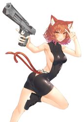  alternate_costume animal_ear_fluff animal_ear_piercing animal_ears arm_up armpits ass backless_outfit bare_arms bare_shoulders black_footwear blush breasts brown_eyes brown_hair cat_ears cat_tail chen desert_eagle female foot_out_of_frame from_behind gun hand_up handgun high_heels highres holding holding_gun holding_weapon jewelry light_smile looking_at_viewer looking_back medium_breasts multiple_tails nekomata no_headwear parted_lips short_hair sideboob sleeveless solo standing standing_on_one_leg tail thighs tomatolover16 touhou trigger_discipline turtleneck twisted_torso two_tails v weapon 