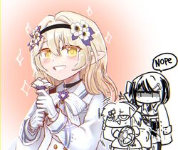  blonde_hair choker elf flower girls&#039;_frontline gloves hair_between_eyes hair_flower hair_ornament hairband hexagram holding jericho_(girls&#039;_frontline) korean_commentary long_hair madcore negev_(girls&#039;_frontline) pointy_ears short_hair star_of_david x95_(girls&#039;_frontline) x95_(white_rose_girl)_(girls&#039;_frontline) yellow_eyes 