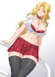  black_tank_top blonde_hair blue_eyes bra bra_peek breasts choker cleavage closed_mouth collarbone collared_shirt commentary commission cowboy_shot female groin highres large_breasts long_hair looking_at_viewer midriff miniskirt navel on_railing ozaneko parted_bangs plaid plaid_bra plaid_skirt rachel_stanley railing red_bra red_choker red_skirt school_uniform shijou_saikyou_no_deshi_ken&#039;ichi shirt short_sleeves sidelocks simple_background sitting skeb_commission skindentation skirt smile solo stomach swimsuit tank_top thighhighs tied_shirt toned underwear wavy_hair white_background white_shirt zettai_ryouiki 