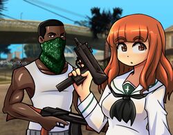  1boy absurdres ak-47 assault_rifle breasts brown_eyes carl_johnson collarbone covered_mouth crossover dark-skinned_male dark_skin female gangster girls_und_panzer grand_theft_auto grand_theft_auto:_san_andreas grove_street gun highres holding holding_gun holding_weapon kalashnikov_rifle large_breasts looking_at_viewer mac-10/11 muscular muscular_male ooarai_school_uniform orange_hair outdoors rifle sailor_collar school_uniform shiijeikun submachine_gun takebe_saori tank_top trigger_discipline twitter_username weapon white_tank_top 