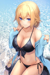  bare_shoulders bikini black_bikini blonde_hair blue_eyes blue_jacket braid breasts cleavage collarbone commentary_request fate/grand_order fate_(series) female front-tie_bikini_top front-tie_top groin hair_ornament hair_scrunchie hands_up highres ironatsuki jacket jeanne_d&#039;arc_(fate) jeanne_d&#039;arc_(swimsuit_archer)_(fate) jeanne_d&#039;arc_(swimsuit_archer)_(first_ascension)_(fate) large_breasts long_hair looking_at_viewer navel off_shoulder open_clothes open_jacket scrunchie side-tie_bikini_bottom single_braid smile solo stomach string_bikini swimsuit thighs very_long_hair water 