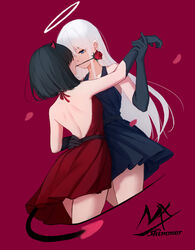  2girls absurdres angel angel_and_devil angel_girl_(shimmer) backless_dress backless_outfit bare_shoulders black-haired_demon_girl_(shimmer) black_dress black_gloves black_hair blue_eyes closed_mouth collarbone commentary cropped_legs dancing demon_girl demon_horns demon_tail dress elbow_gloves flower flower_in_mouth gloves halo hand_on_another&#039;s_waist highres holding_another&#039;s_wrist horns long_hair looking_at_another mouth_hold multiple_girls original petals pleated_dress purple_background red_dress red_flower red_horns red_rose rose shimmer short_hair signature simple_background symbol-only_commentary tail very_long_hair white_hair yuri 