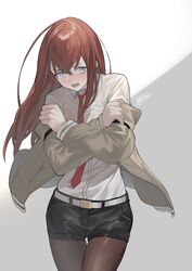  bad_id bad_twitter_id belt black_pantyhose black_shorts blue_eyes brown_hair commentary_request dress_shirt female highres jacket long_hair makise_kurisu nao_(syn_eaa) necktie nitroplus pantyhose pantyhose_under_shorts red_necktie shirt shorts solo steins;gate white_shirt 