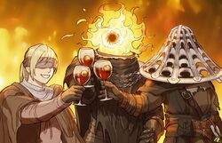  2others absurdres belt belt_buckle black_cloak blindfold blonde_hair bloody_finger_hunter_yura boiled_egg27 brown_cloak buckle chains cloak commentary_request cup drinking_glass elden_ring eyeball female fiery_background fire flaming_head gauntlets gloves helmet highres hyetta_(elden_ring) lord_of_the_frenzied_flame_(elden_ring) multiple_others ponytail pouch shabriri_(elden_ring) shabriri_grape smile spoilers tarnished_(elden_ring) toasting_(gesture) wine_glass 