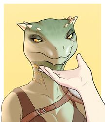  anthro argonian bethesda_game_studios breasts clothed clothing cokesero countershading deeja duo female female_focus green_body hi_res human mammal microsoft scalie simple_background skyrim solo_focus the_elder_scrolls 