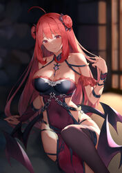  ahoge arm_support bare_shoulders blurry breasts cleavage commentary_request covered_navel demon_wings depth_of_field double_bun dress erze_(king&#039;s_raid) female hair_bun hand_up highres king&#039;s_raid large_breasts long_hair looking_at_viewer pelvic_curtain red_eyes red_hair revision sitting smile solo suzuame_yatsumi thighhighs very_long_hair wings 