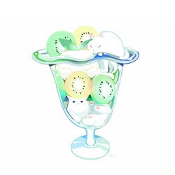  artist_name chai_(drawingchisanne) check_commentary commentary_request cup feline food fruit ice_cream kiwi_(fruit) kiwi_slice no_humans original parfait simple_background white_background white_cat 