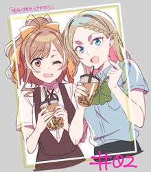  2girls ;d antenna_hair aqua_eyes blonde_hair blue_shirt bow bowtie braid braided_bangs brown_eyes brown_hair brown_ribbon brown_vest bubble_tea bubble_tea_challenge collared_shirt colored_inner_hair commentary_request cropped_torso cup disposable_cup drink drinking_straw earrings episode_number episode_title framed green_bow green_bowtie grey_background hairbow highres hirayama_kanna holding holding_cup jewelry kurusu_seira long_hair lower_teeth_only miyama_suzune multicolored_hair multiple_girls neck_ribbon official_art one_eye_closed open_mouth orange_bow pink_hair ribbon round_teeth school_uniform selection_project shirt simple_background smile teeth translation_request two-handed upper_teeth_only vest wavy_hair white_shirt 