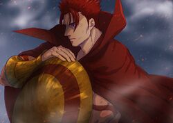  1boy armor bad_id bad_pixiv_id bracer cape collar fate/grand_order fate_(series) from_side holding iduhara_jugo leonidas_(fate) looking_to_the_side male_focus muscular muscular_male parted_bangs red_cape red_eyes red_hair shield short_hair simple_background solo tattoo upper_body 