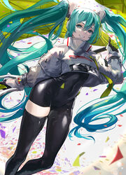  :d aqua_eyes aqua_hair black_bodysuit black_gloves black_thighhighs bodysuit clothes_writing commentary confetti covered_navel crop_top dutch_angle feet_out_of_frame female flag gloves goodsmile_racing grin hatsune_miku high_collar highres holding holding_flag long_hair long_sleeves looking_at_viewer mille_(dieci) parted_lips racing_miku racing_miku_(2022) see-through single_thighhigh smile solo standing thighhighs twintails very_long_hair vocaloid 