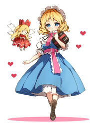  2girls alice_margatroid blonde_hair blue_dress blue_eyes blush book boots bow brown_footwear closed_mouth colored_shadow commentary cross-laced_footwear dress hairbow heart holding holding_book lace-up_boots long_hair multiple_girls piyokichi pleated_dress puffy_short_sleeves puffy_sleeves red_bow red_dress revision shadow shanghai_doll shirt short_sleeves sleeveless sleeveless_dress smile touhou very_long_hair white_background white_shirt white_wings wings 