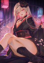  black_footwear black_kimono black_sash blonde_hair boots cherry_blossoms earrings female foot_out_of_frame highres japanese_clothes jewelry kimono lantern long_hair looking_at_viewer makurano_neena mashuu_(neko_no_oyashiro) mask mask_on_head mole mole_under_mouth necklace obi open_mouth outdoors pink_eyes production_kawaii sash sitting solo thighs virtual_youtuber 