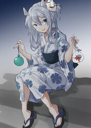  bag bagged_fish balloon blue_eyes blue_hair commentary_request fake_horns female fish floral_print fuji_(pixiv24804665) full_body goldfish hair_rings headgear highres holding holding_balloon horned_headwear horns i-203_(kancolle) japanese_clothes kantai_collection kimono light_blue_hair long_hair looking_at_viewer open_mouth outdoors round_teeth sandals sidelocks sitting smile solo teeth upper_teeth_only water_balloon water_yoyo white_kimono yukata 