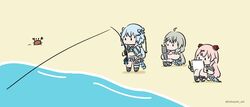  3girls ahoge animal arm_garter assault_lily bare_arms bare_shoulders beach bikini bikini_skirt blue_bikini blue_footwear blue_hair bow braid bridal_garter cellphone chibi commentary crab day endou_araya fishing fishing_rod footwear_bow frilled_bikini frills grey_hair hair_ornament hairbow hairclip hairpods hands_up highres holding holding_fishing_rod holding_pencil holding_phone holding_sketchbook kabayaki_(kabayaki_eel) kanabako_misora knees_up long_hair looking_ahead looking_at_object looking_at_phone low_twintails mori_tatsuki multiple_girls no_mouth official_alternate_costume on_ground outdoors pencil phone pink_hair plaid plaid_bikini plaid_bow sandals sitting sketchbook solid_oval_eyes standing swimsuit twintails twitter_username water 