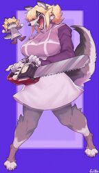  alternate_species anthro blonde_hair breasts canid canine chainsaw claws clothed clothing female finger_claws fur furrification grey_body grey_fur hair hi_res mammal power_tool solo sususuigi tail toe_claws tools urotsuki yume_2kki 