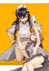  ! 2girls absurdres anger_vein apron armpits bare_arms bare_legs black_hair breasts brown_eyes chinese_commentary commentary_request grabbing grabbing_another&#039;s_breast grey_apron grey_skirt hair_ornament hairclip highres holding_another&#039;s_arm kneeling large_breasts long_hair maid maid_apron maid_headdress mole mole_under_eye multiple_girls naked_apron open_mouth orange_background original pink_hair revealing_clothes short_hair sideboob simple_background skirt small_breasts yuri zygocactus 