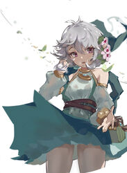  absurdres bare_shoulders belt chinese_commentary commentary_request cowboy_shot detached_sleeves dress elf female flower green_dress green_sleeves grey_hair hair_between_eyes hair_flower hair_ornament highres kokkoro_(princess_connect!) long_sleeves looking_at_viewer parted_lips pink_flower pointy_ears princess_connect! purple_eyes short_hair simple_background sleeveless sleeveless_dress solo white_background zygocactus 