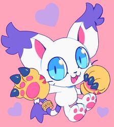  2017 accessory ambiguous_gender bandai_namco black_claws black_nose blue_eyes claws clothing cute_fangs digimon digimon_(species) extyrannomon_(artist) fangs furgonomics gatomon gloves handwear heart_symbol jewelry markings open_mouth pawpads paws pink_background pink_inner_ear pink_pawpads pupils purple_markings ring semi-anthro simple_background slit_pupils solo tail tail_accessory tail_jewelry tail_ring teeth tongue white_body 