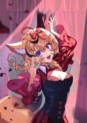  absurdres alternate_costume animal_ear_fluff animal_ears arm_up blonde_hair bow braid breasts cleavage cleavage_cutout clothing_cutout clothing_request crown curtains doll_joints female floating_hair fox_ears fox_tail hair_between_eyes hair_ornament hairbow hand_on_headwear hand_up head_tilt highres hololive joints long_hair long_sleeves looking_at_viewer medium_breasts mini_crown omaru_polka open_mouth persona_(hololive) petals playing_card_theme propeller_hair_ornament puffy_sleeves purple_eyes sattari smile solo standing tail teeth twin_braids upper_body virtual_youtuber wide_sleeves 