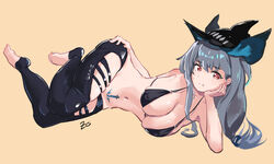  :t arknights barefoot bikini black_bikini black_headwear black_leggings breasts chinese_commentary cleavage clothing_cutout commentary_request elbow_rest female full_body grey_hair hand_on_own_hip highres large_breasts leggings long_hair looking_at_viewer lying navel on_side red_eyes simple_background skadi_(arknights) solo stomach swimsuit tattoo thigh_cutout yellow_background zygocactus 