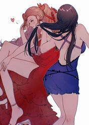  2girls aerith_gainsborough aerith_gainsborough_(red_dress) backless_dress backless_outfit bare_arms black_hair blue_dress blush breasts brown_hair dress english_commentary facing_away feet_out_of_frame final_fantasy final_fantasy_vii final_fantasy_vii_remake flamenco_dress flower hair_flower hair_ornament hair_ribbon hand_in_own_hair heart highres large_breasts long_dress long_hair looking_at_viewer multiple_girls official_alternate_costume ponytail red_dress red_flower red_ribbon ribbon sera_(serappi) short_dress side_slit sidelocks strappy_heels tifa_lockhart tifa_lockhart_(refined_dress) white_background white_footwear 