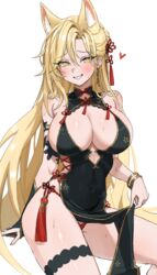  animal_ears bangle bare_shoulders black_dress blonde_hair bracelet breasts bright_pupils china_dress chinese_clothes cleavage clothes_lift commission covered_navel dress extra_ears female flower_knot fox_ears fymrie gold_trim grin hair_between_eyes hair_ornament highres jewelry large_breasts lifting_own_clothes long_hair looking_at_viewer no_bra original panties pelvic_curtain pelvic_curtain_lift red_panties second-party_source side-tie_panties sideless_outfit sitting sleeveless sleeveless_dress smile solo string_panties sweat tassel tassel_hair_ornament thigh_strap thighs underwear very_long_hair yellow_eyes 