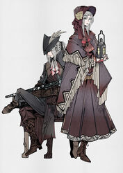  2girls ascot blonde_hair bloodborne blue_eyes bonnet boots cape cloak coat commentary doll doll_joints dress flower full_body gem gloves hat hat_feather herheim highres jewelry joints lady_maria_of_the_astral_clocktower long_hair multiple_girls plain_doll ponytail rose simple_background swept_bangs tricorne weapon white_hair 