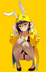  animal_ears bikini black_bikini black_footwear black_hair cameltoe commentary fake_animal_ears female fishnet_thighhighs fishnets full_body highres hood hooded_jacket jacket kekemotsu looking_at_viewer necktie original rabbit_ears shoes short_hair simple_background solo squatting swimsuit symbol-only_commentary thighhighs yellow_background yellow_eyes yellow_hood yellow_jacket yellow_necktie 