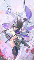  aether_gazer arm_shield arms_up black_hair breasts cloak commentary_request debris dress female full_body hair_between_eyes hair_ornament highres holding holding_weapon horns japanese_clothes kkia leg_armor leg_up light_rays lightning looking_at_viewer mecha_musume medium_breasts open_mouth purple_dress purple_eyes short_hair solo sword thighs tsukuyomi_(aether_gazer) weapon weibo_logo weibo_watermark 