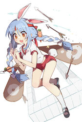  animal_ear_fluff animal_ears arrow_(projectile) blue_footwear blue_hair blush bow braid breasts brown_eyes buruma carrot_hair_ornament commentary_request female food-themed_hair_ornament full_body gym_uniform hair_between_eyes hair_ornament hairbow headband hololive long_hair multicolored_hair open_mouth rabbit_ears rabbit_girl rabbit_tail red_buruma red_headband shadowsinking shirt shoes short_eyebrows short_sleeves small_breasts socks solo sweat tail thick_eyebrows twin_braids twintails two-tone_hair usada_pekora very_long_hair virtual_youtuber wavy_mouth white_bow white_hair white_shirt white_socks yellow_eyes 