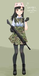  aohashi_ame assault_rifle black_footwear black_gloves black_hair black_pantyhose blue_shirt blunt_bangs blush boots bow bowtie brown_eyes camouflage camouflage_bowtie camouflage_skirt character_name clenched_hand closed_mouth commentary_request cosplay cross-laced_footwear dress_shirt female flat_cap full_body gloves green_bow green_bowtie green_skirt gun happy_birthday harness hat highres holding holding_gun holding_weapon howa_type_89 little_armory long_hair looking_at_viewer new_year pantyhose pleated_skirt radio real_life rifle sheep_hat shirt short_sleeves skirt smile solo standing straight_hair toujou_sayako toyosaki_ena toyosaki_ena_(cosplay) translated voice_actor weapon wing_collar 